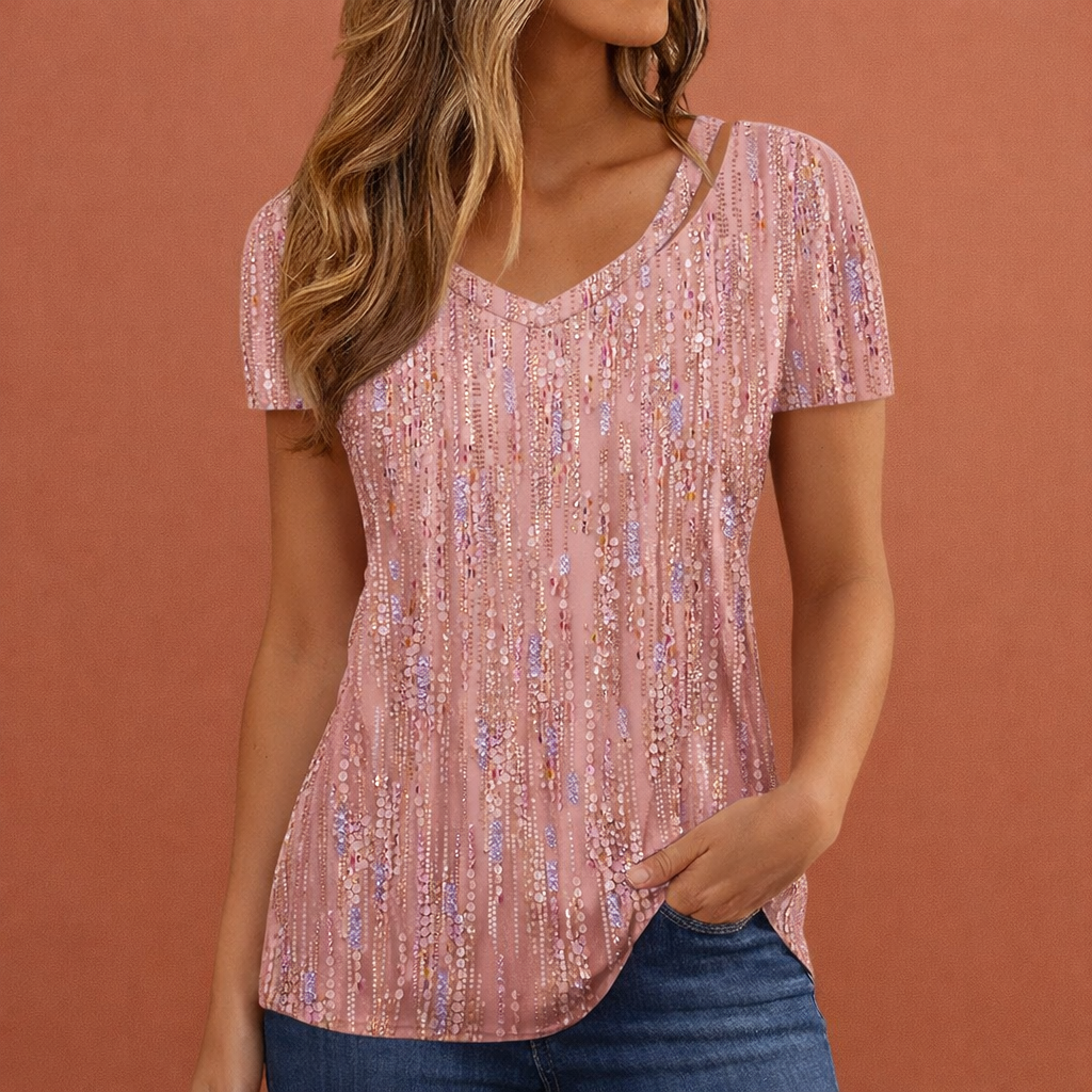 Dames V-hals T-shirt in roze met minimalistisch design, zacht en comfortabel voor casual en stijlvolle outfits.