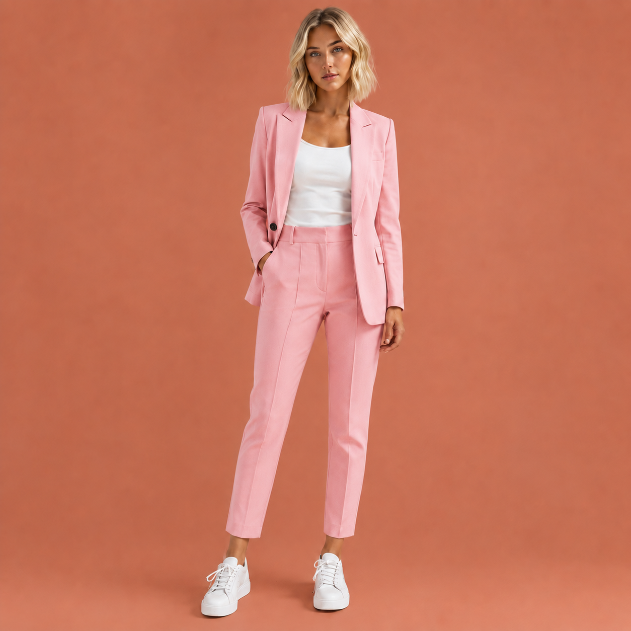 Dames blazer set in roze met minimalistisch design, zacht en comfortabel voor casual en stijlvolle outfits.