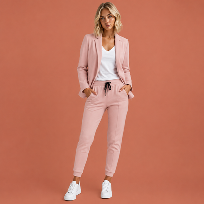 Dames blazer set in roze met minimalistisch design, zacht en comfortabel voor casual en stijlvolle outfits.