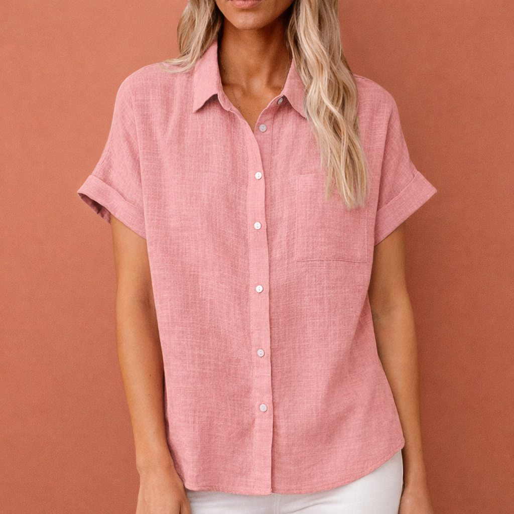 Dames blouse in roze met minimalistisch design, zacht en comfortabel voor casual en stijlvolle outfits.