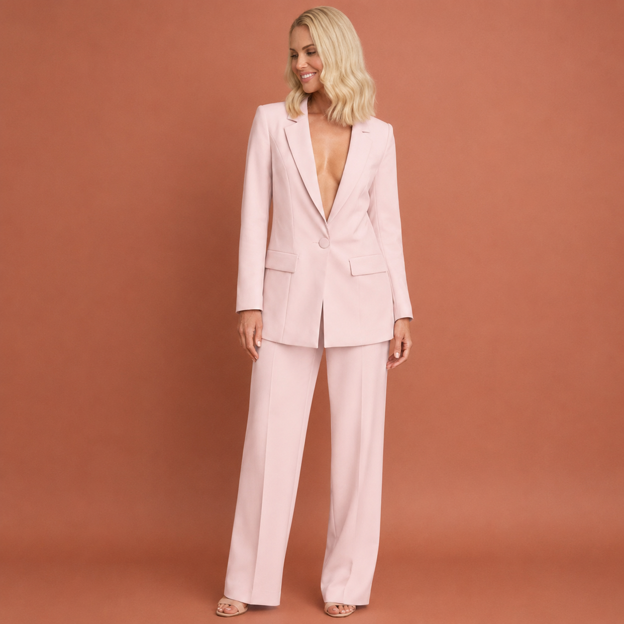 Dames broekpak in roze met minimalistisch design, zacht en comfortabel voor casual en stijlvolle outfits.