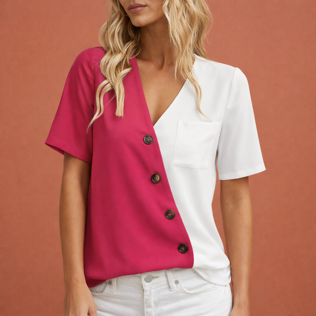 Dames colorblock blouse in roze met minimalistisch design, zacht en comfortabel voor casual en stijlvolle outfits.
