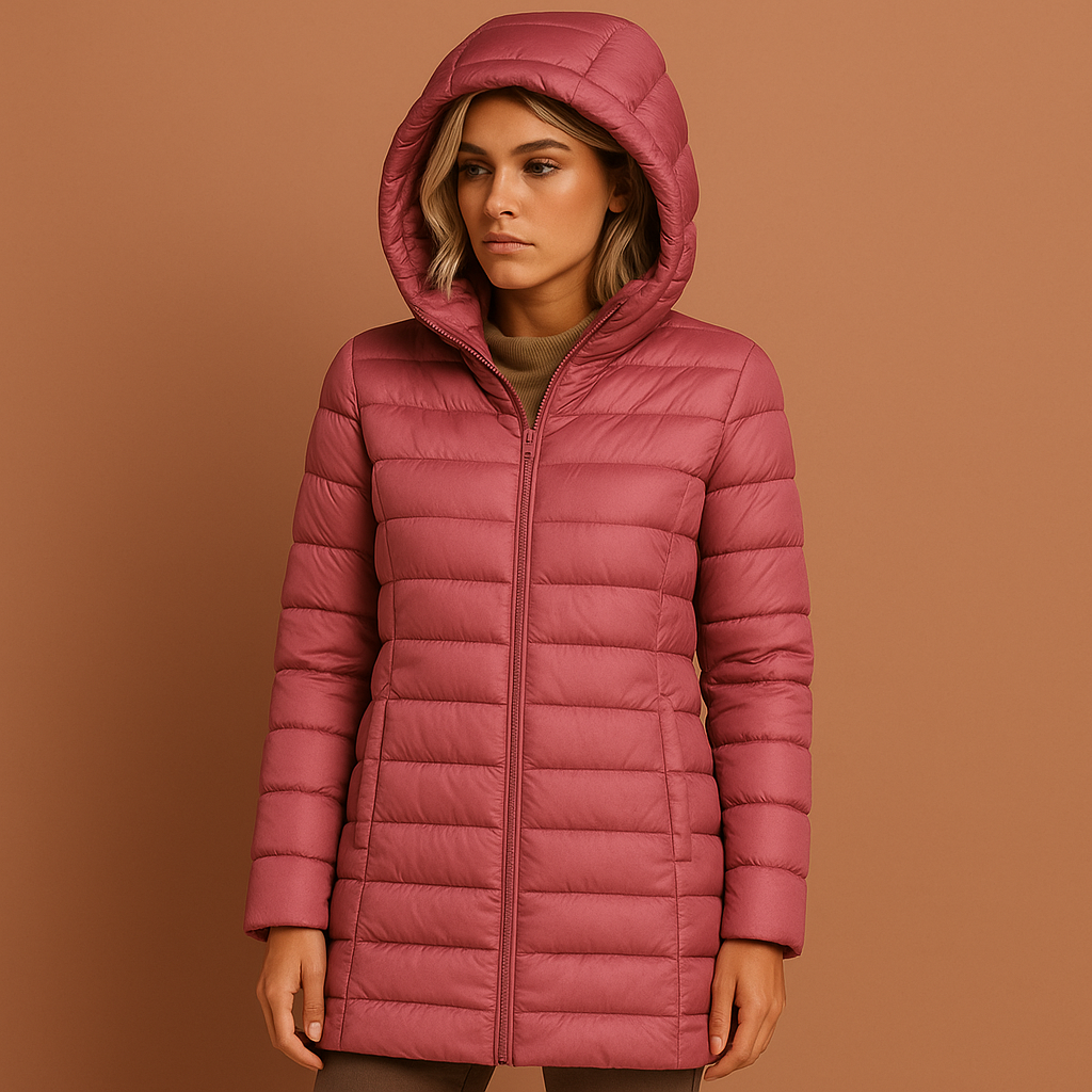 Dames gewatteerde jas in roze met afneembare capuchon, trendy en comfortabel voor frisse dagen.