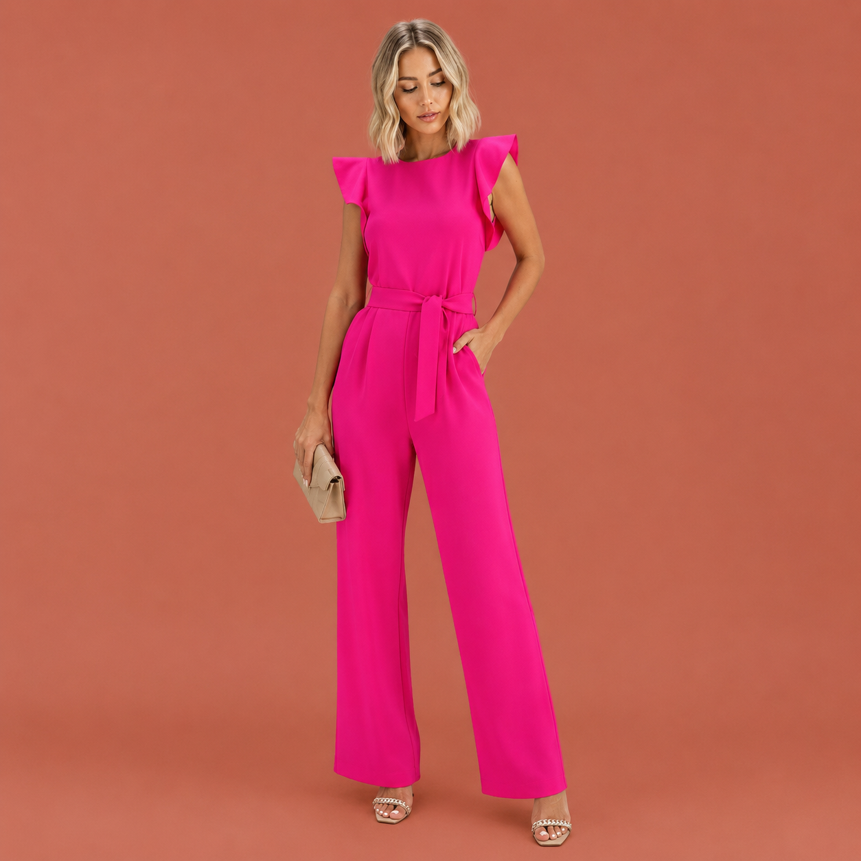 Dames jumpsuit in roze met minimalistisch design, zacht en comfortabel voor casual en stijlvolle outfits.