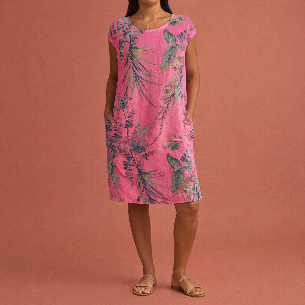 Dames midi-jurk in roze met minimalistisch design, zacht en comfortabel voor casual en stijlvolle outfits.