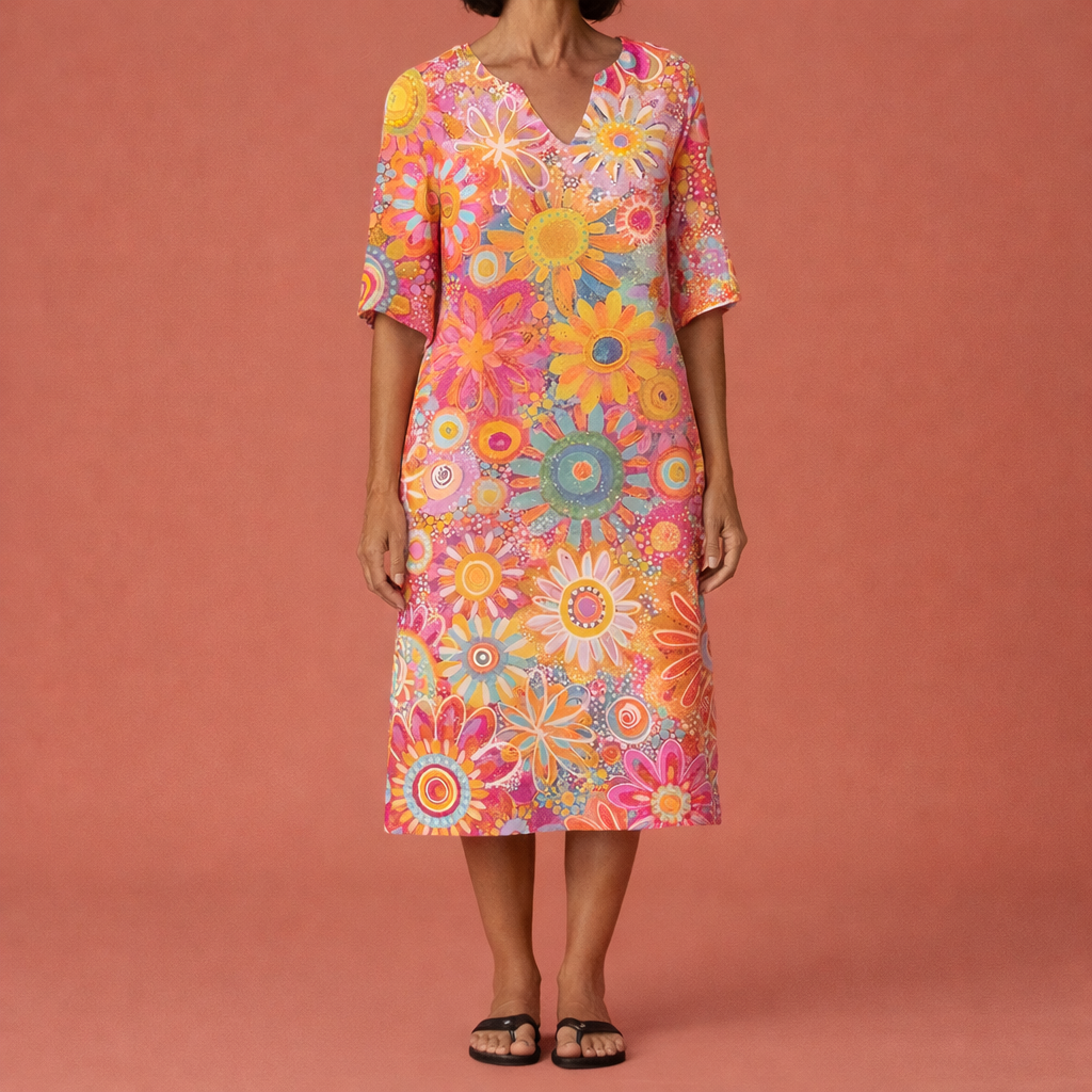 Dames midi bloemenjurk in roze met minimalistisch design, zacht en comfortabel voor casual en stijlvolle outfits.