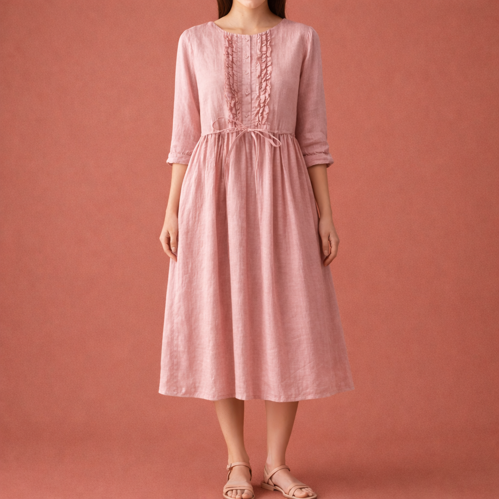 Dames midi jurk in roze met minimalistisch design, zacht en comfortabel voor casual en stijlvolle outfits.