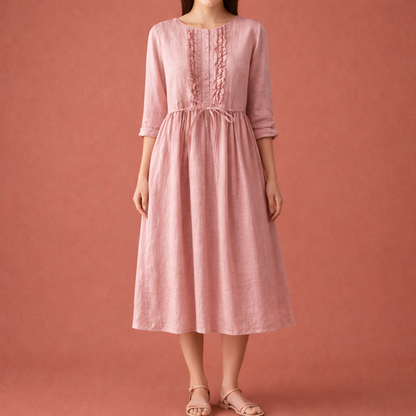 Dames midi jurk in roze met minimalistisch design, zacht en comfortabel voor casual en stijlvolle outfits.