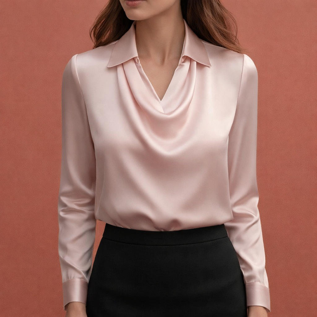 Dames satijnen blouse in roze met draperende kraag, zacht en comfortabel voor stijlvolle en casual outfits.