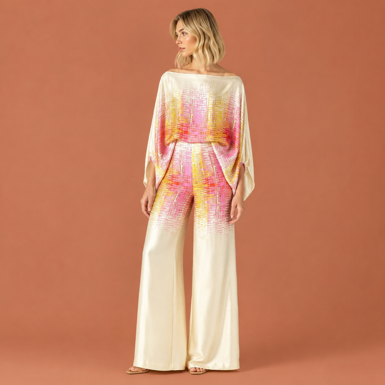 Dames satijnen tweedelige set in roze met minimalistisch design, zacht en comfortabel voor casual en stijlvolle outfits.
