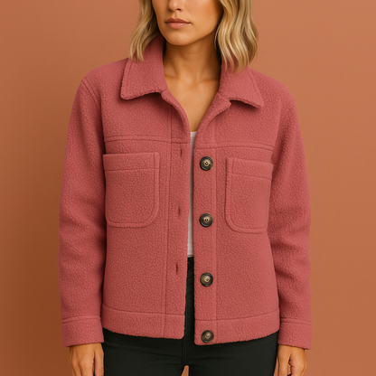 Dames teddy jas in roze met ritssluiting, zacht, warm en stijlvol voor casual outfits.