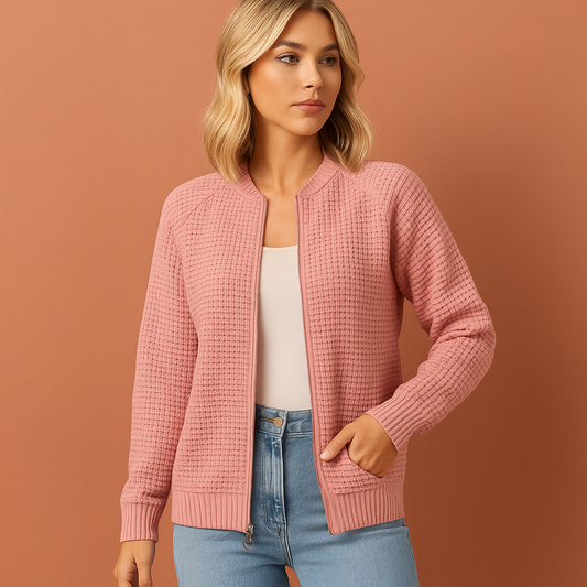 Dames vest in roze met ritssluiting en ronde hals, zacht en comfortabel voor casual en stijlvolle outfits.