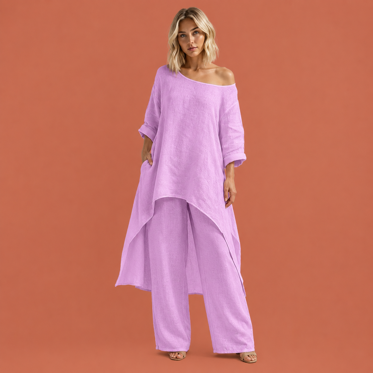 Dames vrijetijdsset in roze met minimalistisch design, zacht en comfortabel voor casual en stijlvolle outfits.