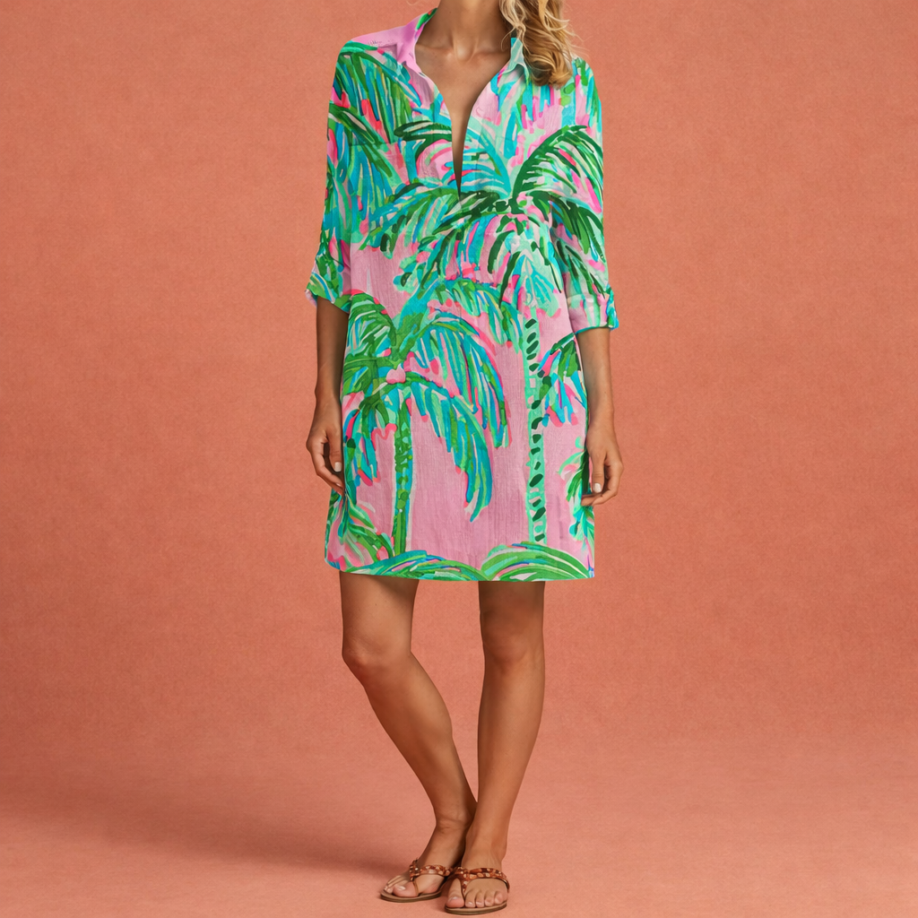 Dames midi zomerjurk in roze eiland met minimalistisch design, zacht en comfortabel voor casual en stijlvolle outfits.