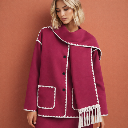 Roze elegante damesjas met ruime pasvorm en bijpassende sjaal, ideaal voor stijlvolle outfits tijdens koude dagen.