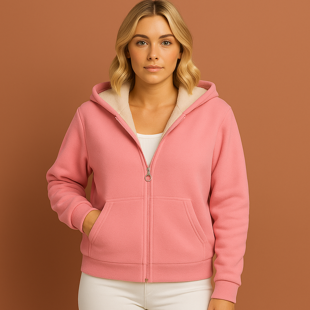 Roze dames hoodie met fleecevoering en capuchon, perfect voor koude dagen en casual outfits.