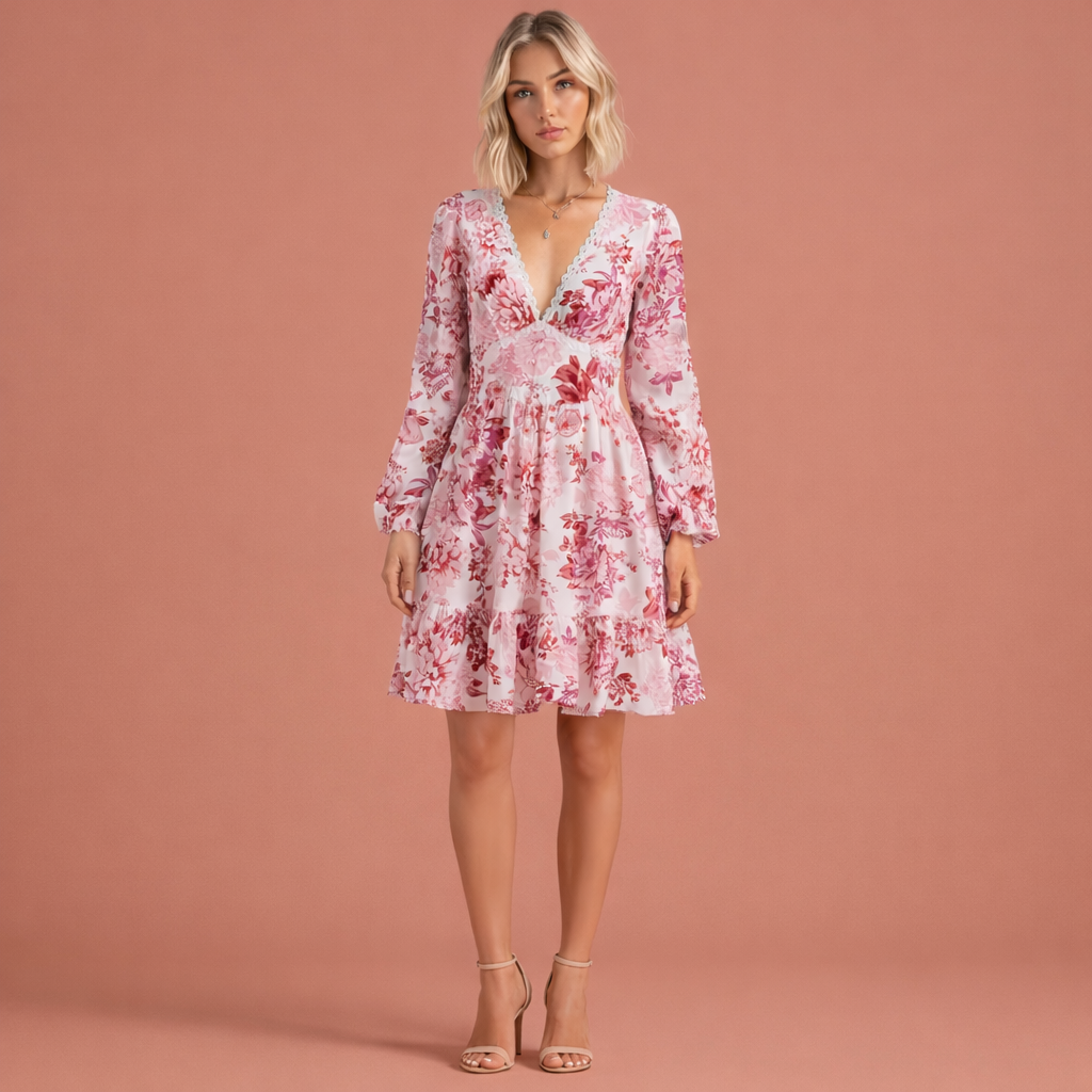 Roze gebloemde boho mini-jurk voor dames met V-hals en volant, perfect voor vakantie, zomerse dagen en casual uitstapjes.