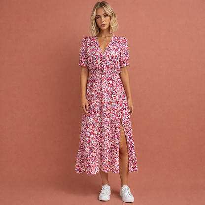 Roze gebloemde zomerjurk voor dames met knoopjesrij en split, ideaal voor warme dagen en casual zomerse outfits.