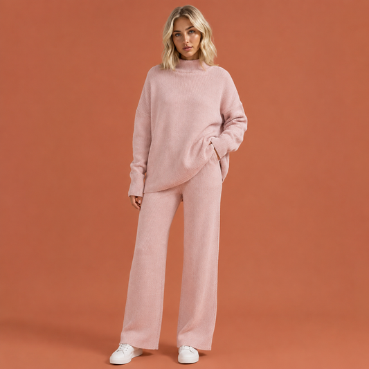 Dames gebreide damesset in roze met minimalistisch design, zacht en comfortabel voor casual en stijlvolle outfits.