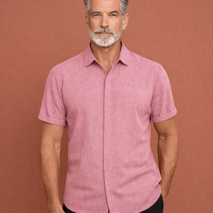 Heren linnen overhemd in roze met minimalistisch design, zacht en comfortabel voor casual en stijlvolle outfits.