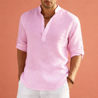 Heren zomeroverhemd in roze met minimalistisch design, zacht en comfortabel voor casual en stijlvolle outfits.