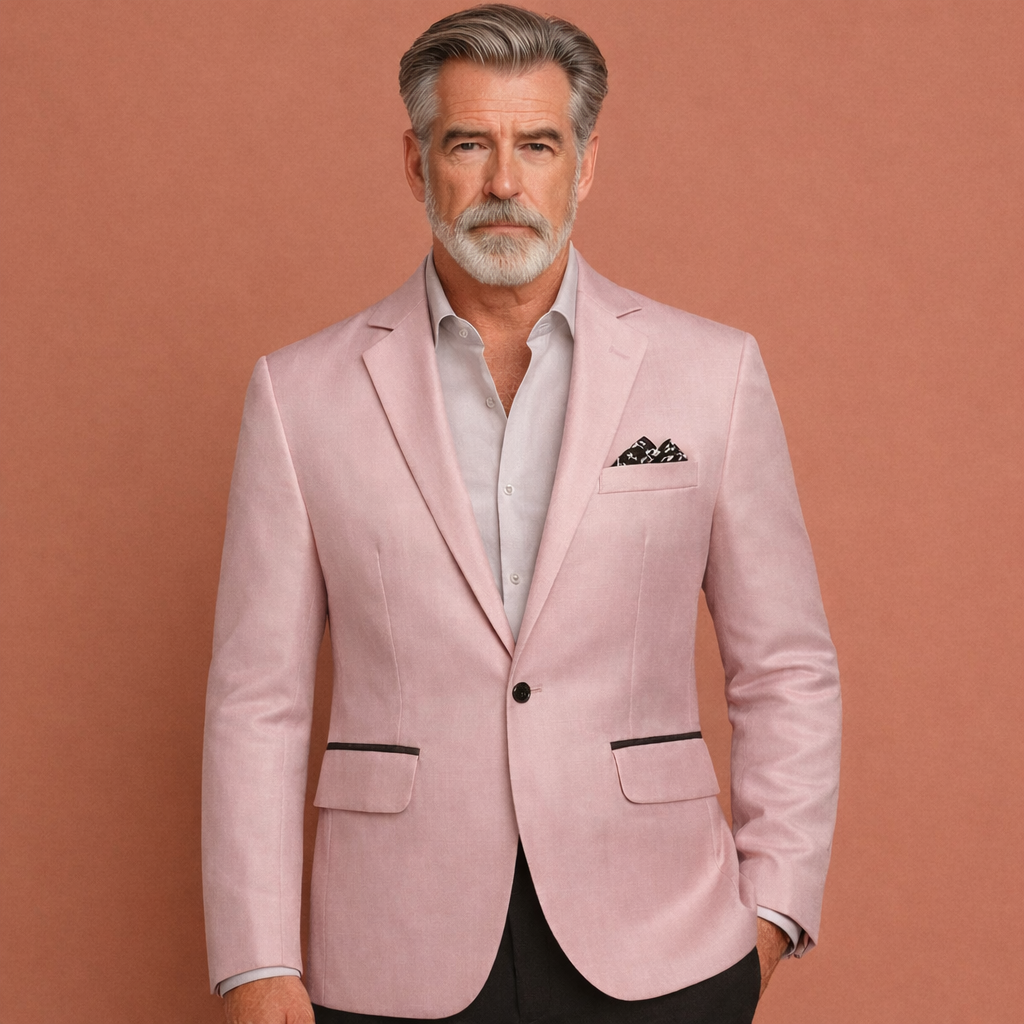 Roze herenjas met reverskraag en klepzakken, geschikt voor dagelijks gebruik en nette outfits.