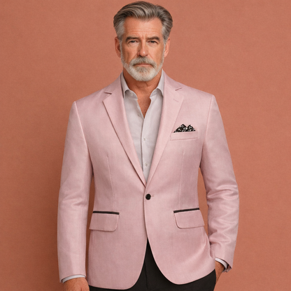 Roze herenjas met reverskraag en klepzakken, geschikt voor dagelijks gebruik en nette outfits.