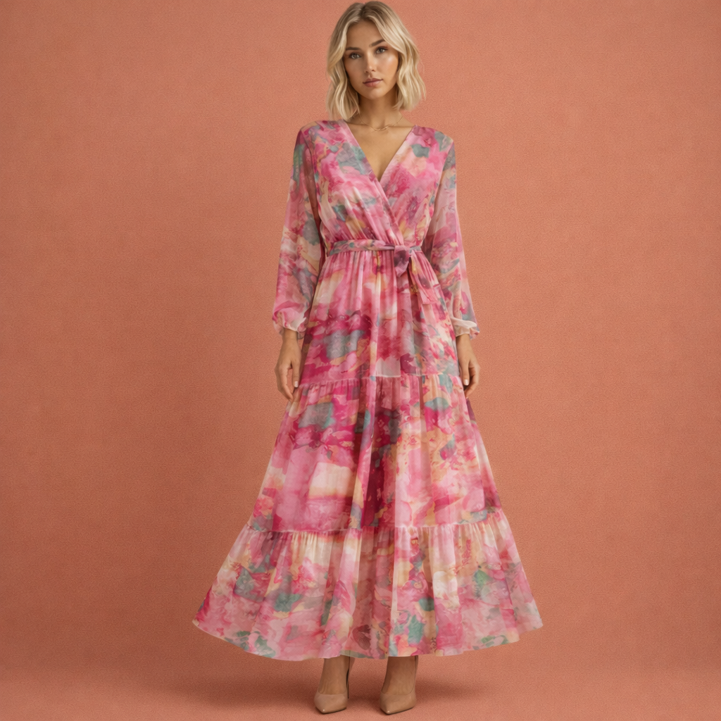 Roze damesjurk met V-hals en ceintuur, ideaal voor dagelijks gebruik en feestelijke gelegenheden.