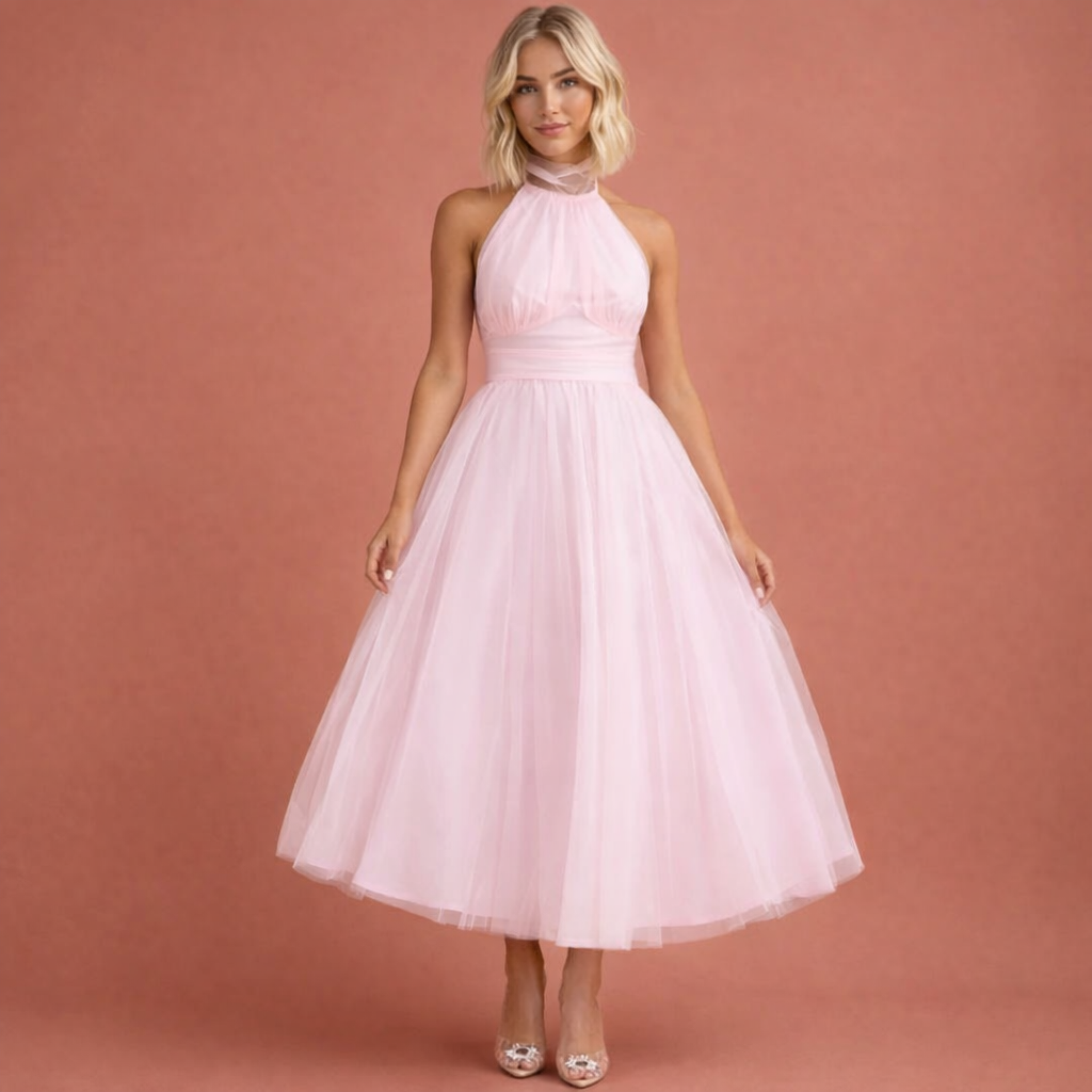 Roze damesjurk met halterhals en gelaagde rok, ideaal voor zomerse en feestelijke gelegenheden.