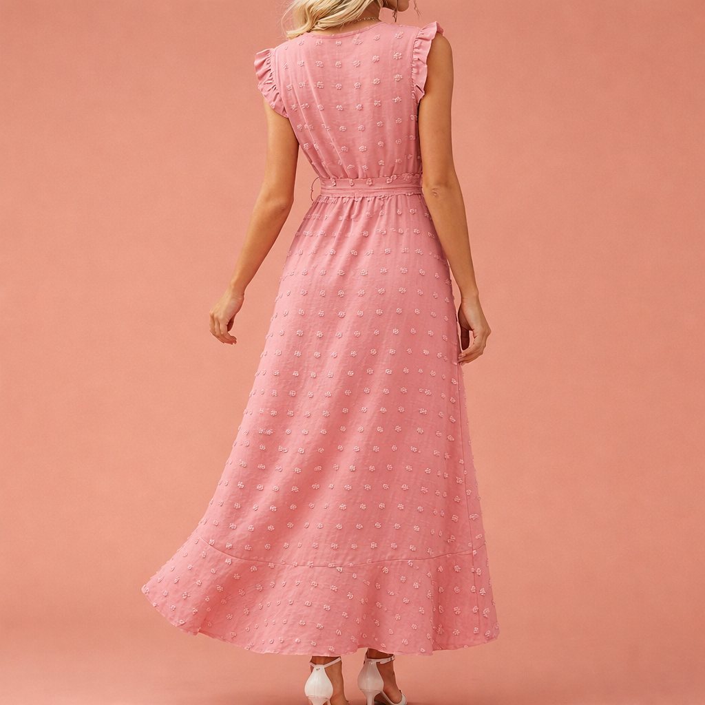 Dames maxi jurk in roze met minimalistisch design, zacht en comfortabel voor casual en stijlvolle outfits.