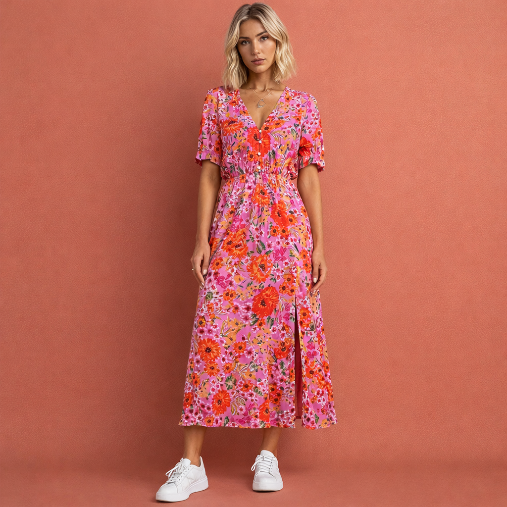 Roze rode gebloemde zomerjurk voor dames met knoopjesrij en split, ideaal voor warme dagen en casual zomerse outfits.