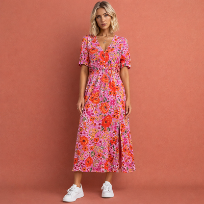 Roze rode gebloemde zomerjurk voor dames met knoopjesrij en split, ideaal voor warme dagen en casual zomerse outfits.