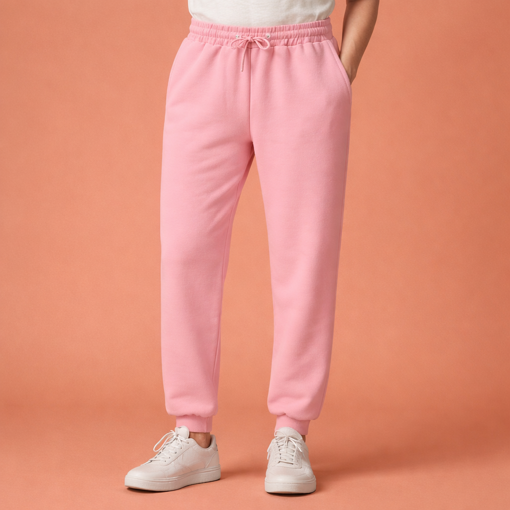 Dames joggingbroek in roze met minimalistisch design, zacht en comfortabel voor casual en stijlvolle outfits.