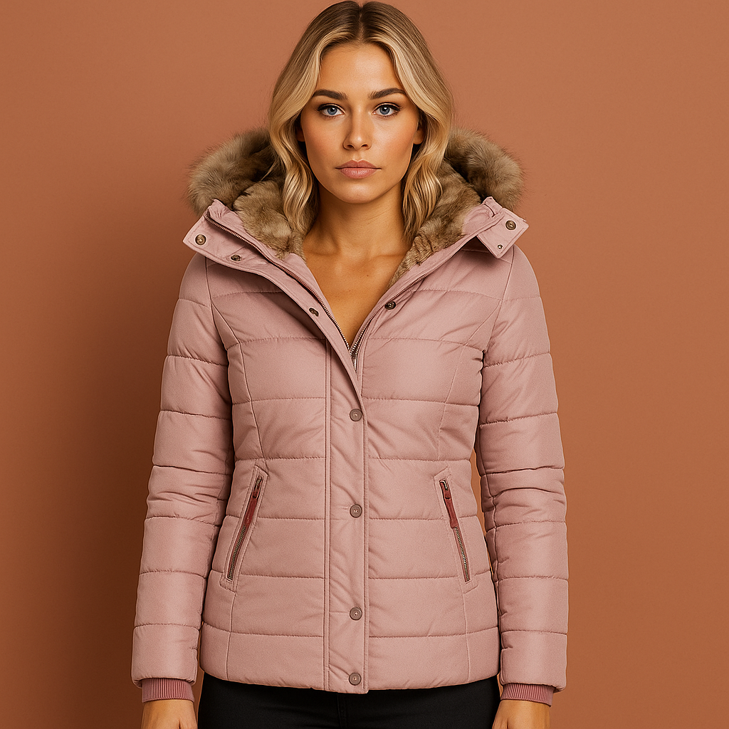 Roze winterjas voor dames met warme pluche voering en comfortabele pasvorm, ideaal voor koude winterdagen.