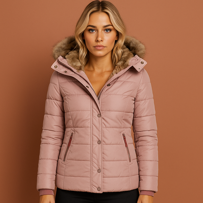 Roze winterjas voor dames met warme pluche voering en comfortabele pasvorm, ideaal voor koude winterdagen.