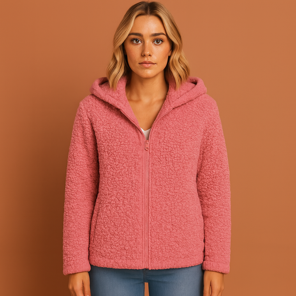 Roze winterjas voor dames met capuchon, geschikt voor koude dagen en dagelijks gebruik.