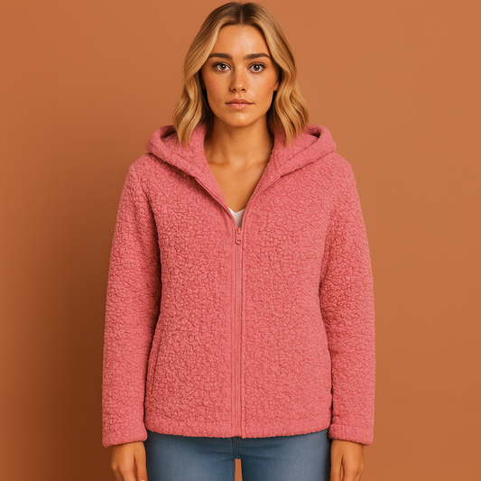 Roze winterjas voor dames met capuchon, geschikt voor koude dagen en dagelijks gebruik.