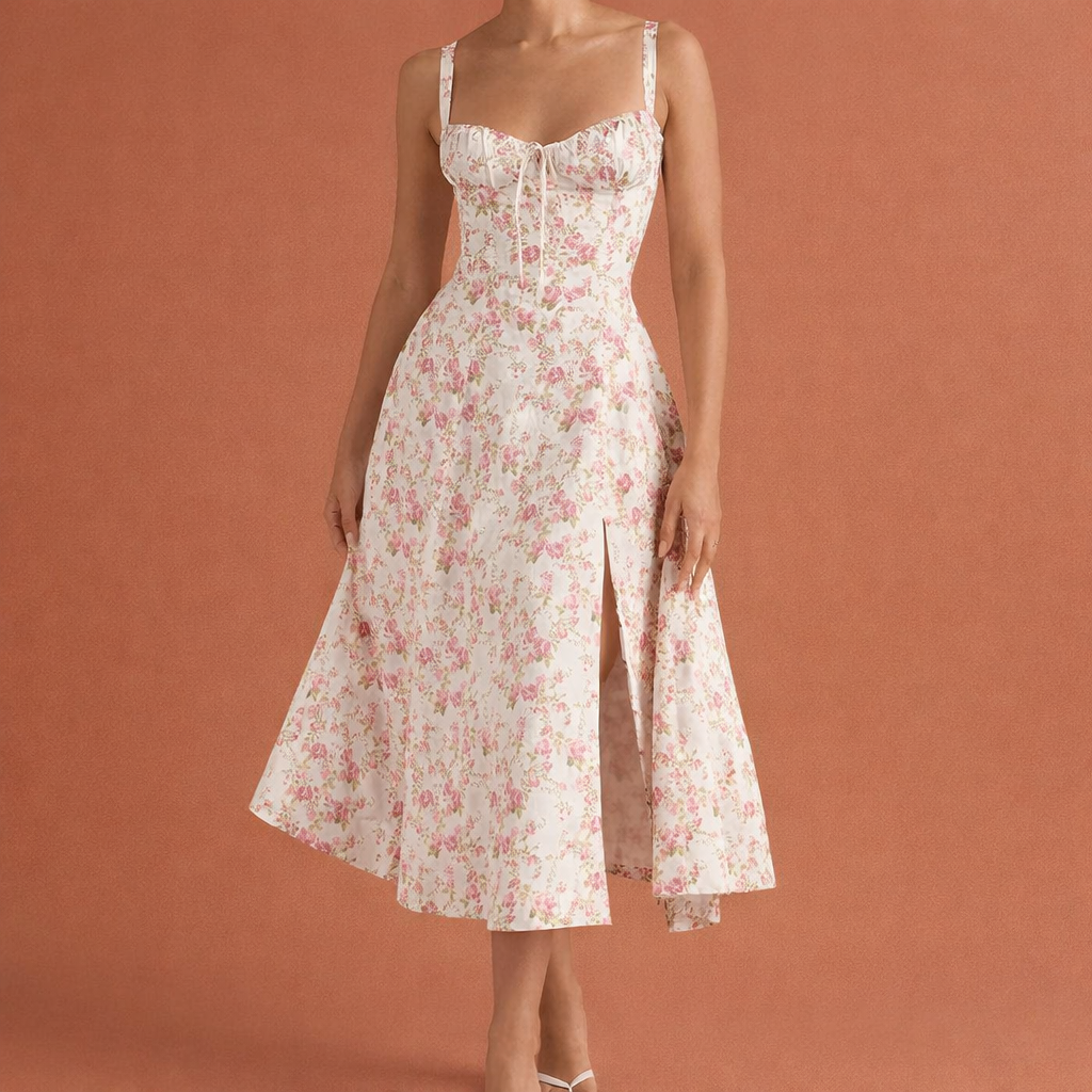 Dames midi jurk in rozenbloesem met minimalistisch design, zacht en comfortabel voor casual en stijlvolle outfits.