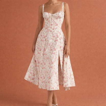 Dames midi jurk in rozenbloesem met minimalistisch design, zacht en comfortabel voor casual en stijlvolle outfits.