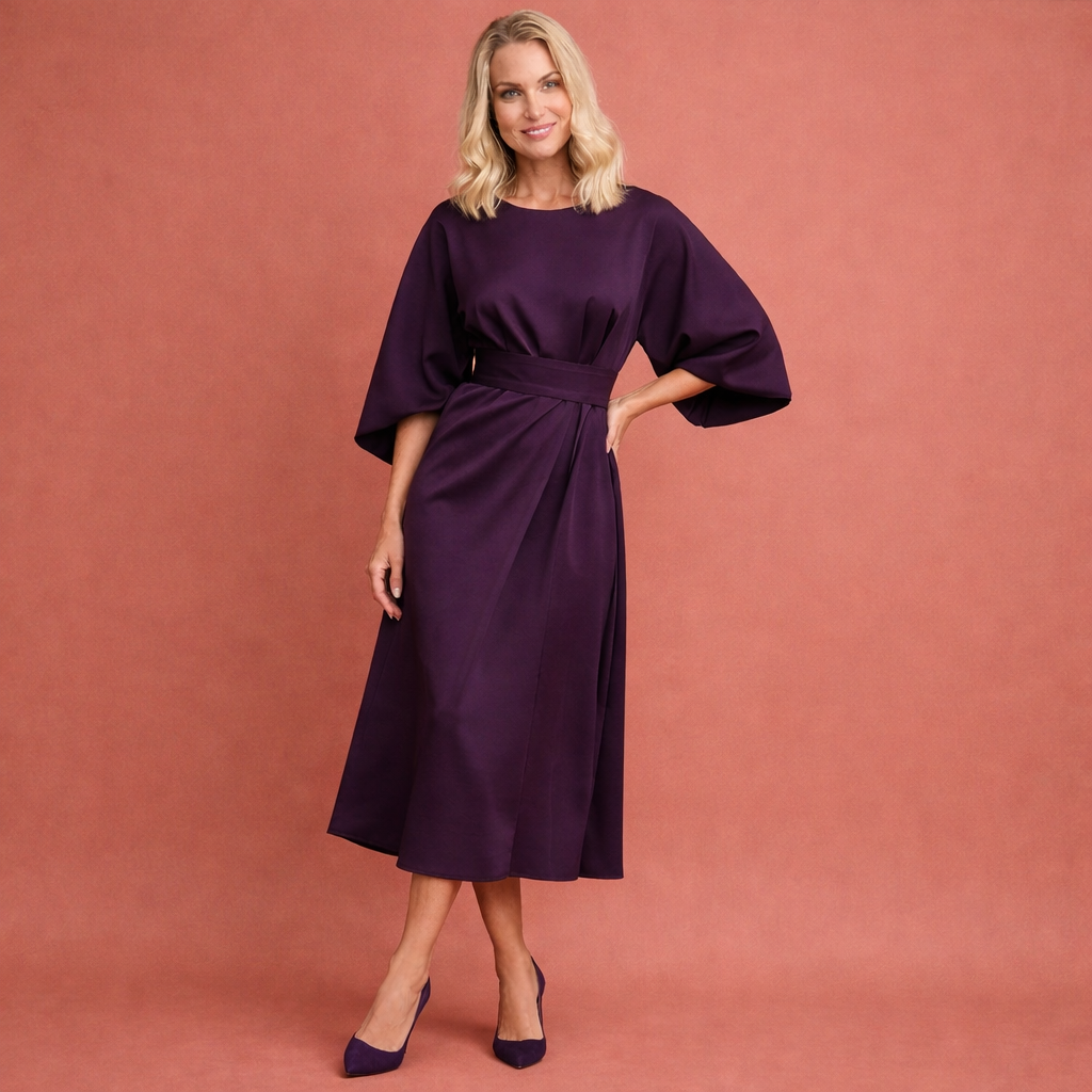 Violet midi-jurk met lantaarnmouwen en ceintuur voor dames, elegante jurk voor feest, diner of formele gelegenheid.