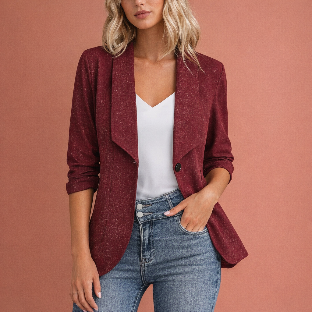 Wijnrode elegante blazer voor dames met subtiele glans en vrouwelijke pasvorm, ideaal voor feestelijke en chique gelegenheden.