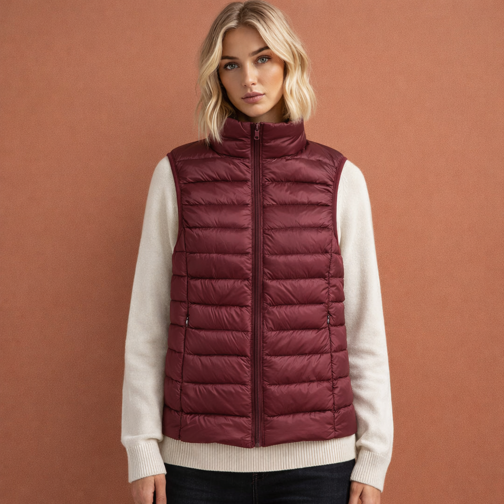 Wijnrode dames mouwloze bodywarmer met ritssluiting en comfortabele pasvorm, ideaal voor dagelijks gebruik en koude dagen.