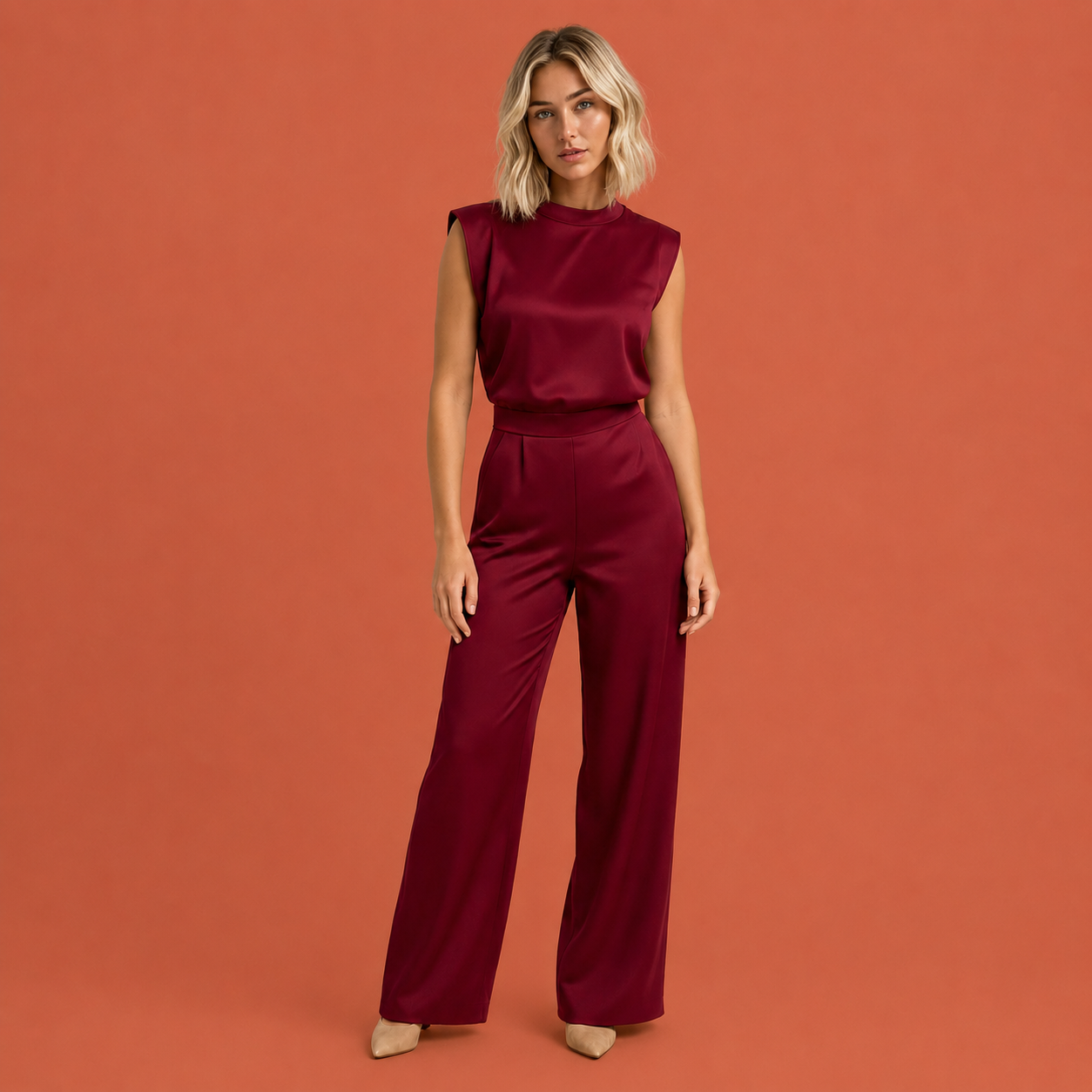 Dames jumpsuit in wijnrood met minimalistisch design, zacht en comfortabel voor casual en stijlvolle outfits.