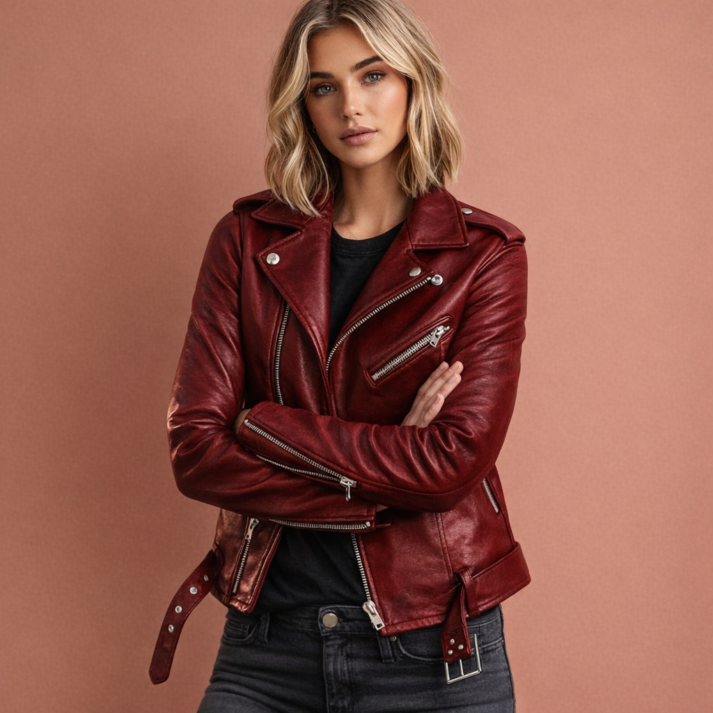 Wijnrood motorjack voor dames met reverskraag en comfortabele pasvorm, geschikt voor casual en urban outfits.