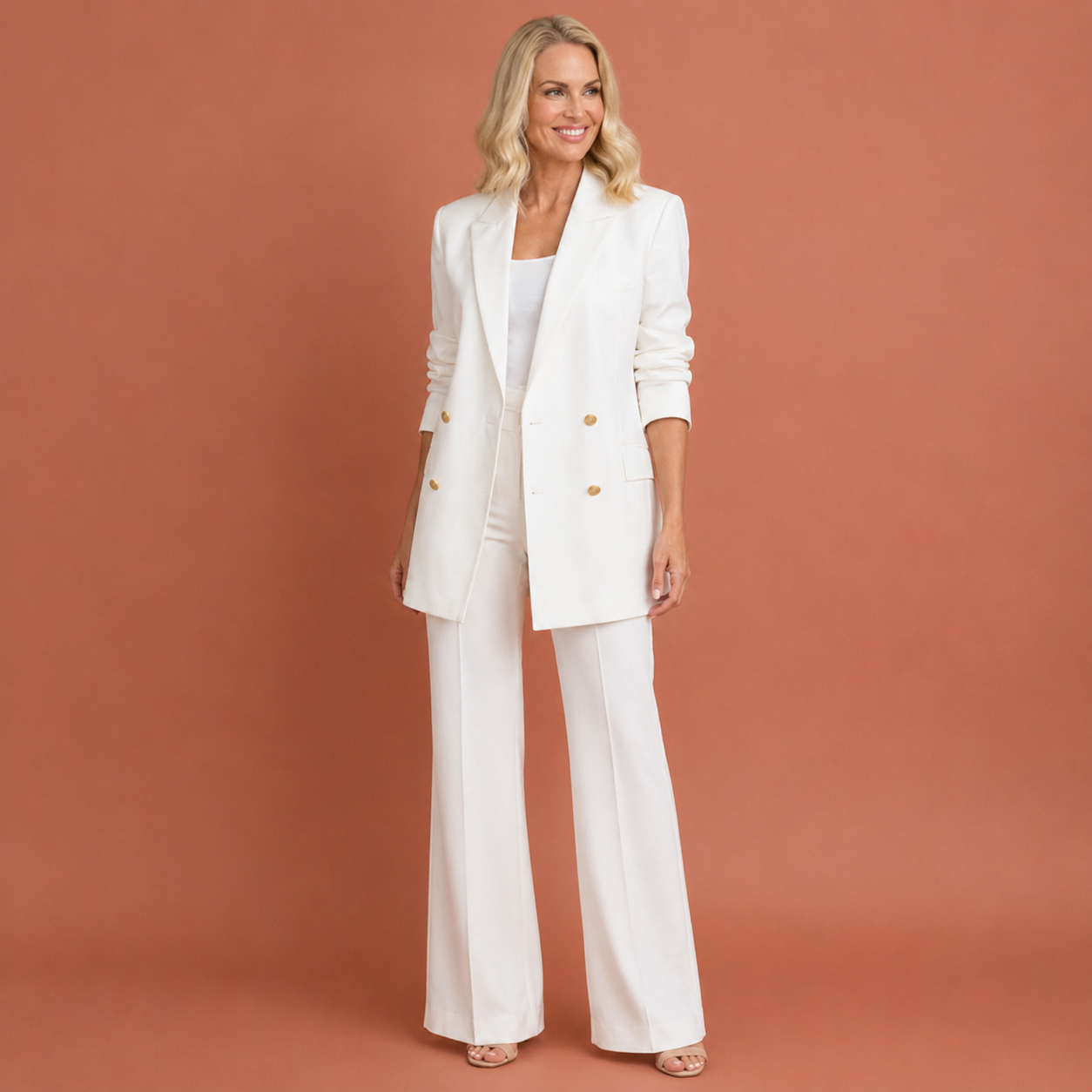 Dames damespak in wit met minimalistisch design, zacht en comfortabel voor casual en stijlvolle outfits.