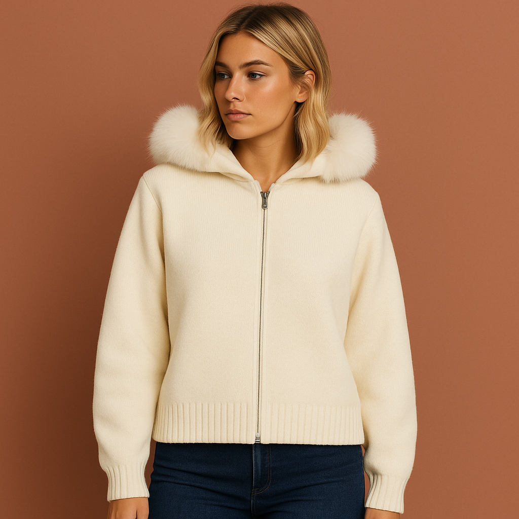 Lang damesvest in wit met capuchon en imitatiebont, zacht en comfortabel voor casual en stijlvolle winteroutfits.