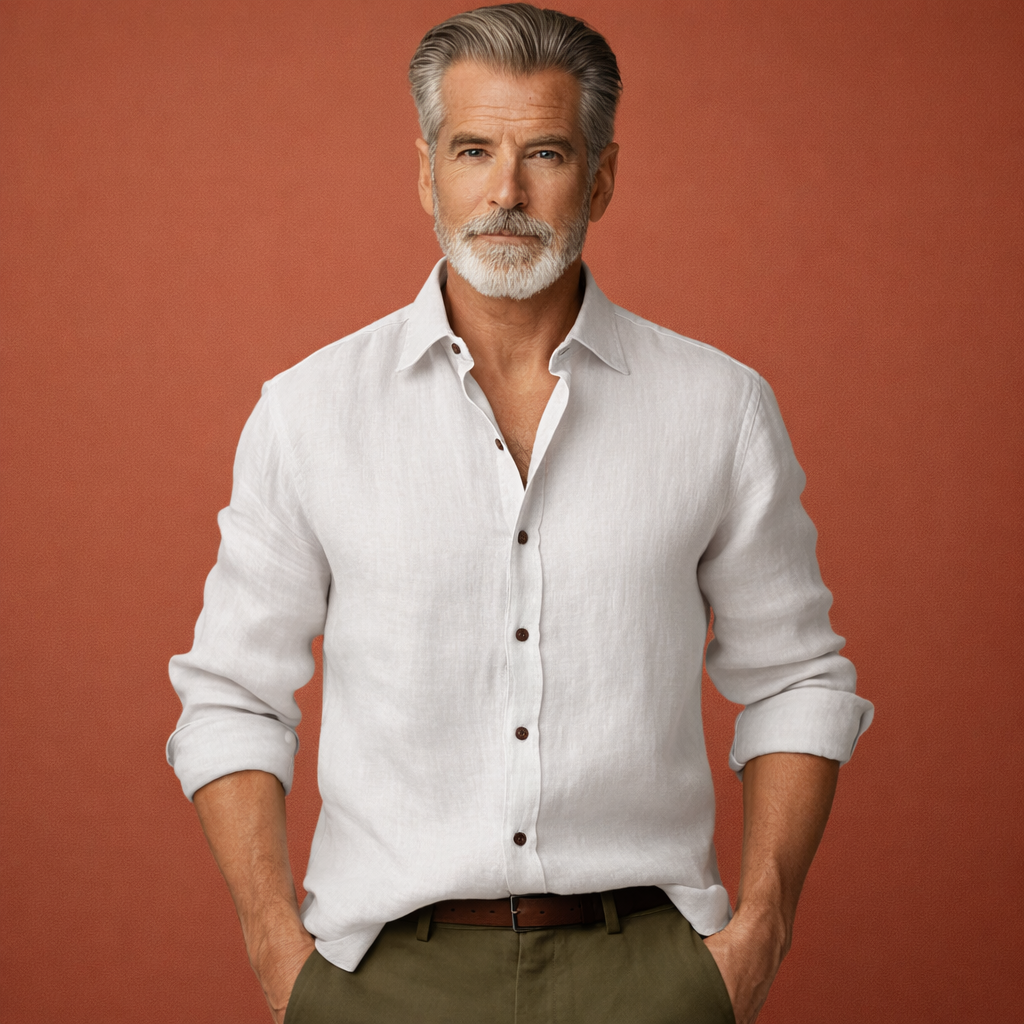 Heren linnen overhemd in wit met minimalistisch design, zacht en comfortabel voor casual en stijlvolle outfits.