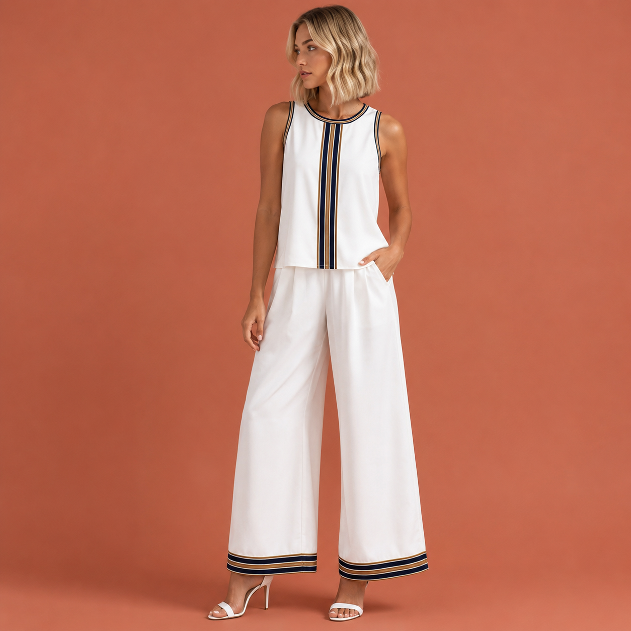 Dames zomer set in wit met patroon met minimalistisch design, zacht en comfortabel voor casual en stijlvolle outfits.