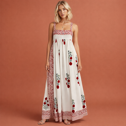 Wit rode maxi-jurk voor dames met bandjes, boho-stijl en empire snit, perfect voor zomerse dagen en vakanties.