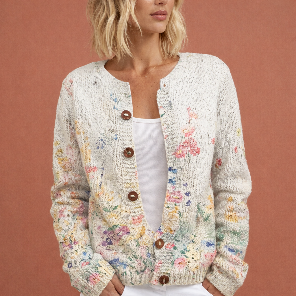 Witte chique dames cardigan met bloemmotief en comfortabele pasvorm, ideaal voor dagelijks gebruik en koude dagen.
